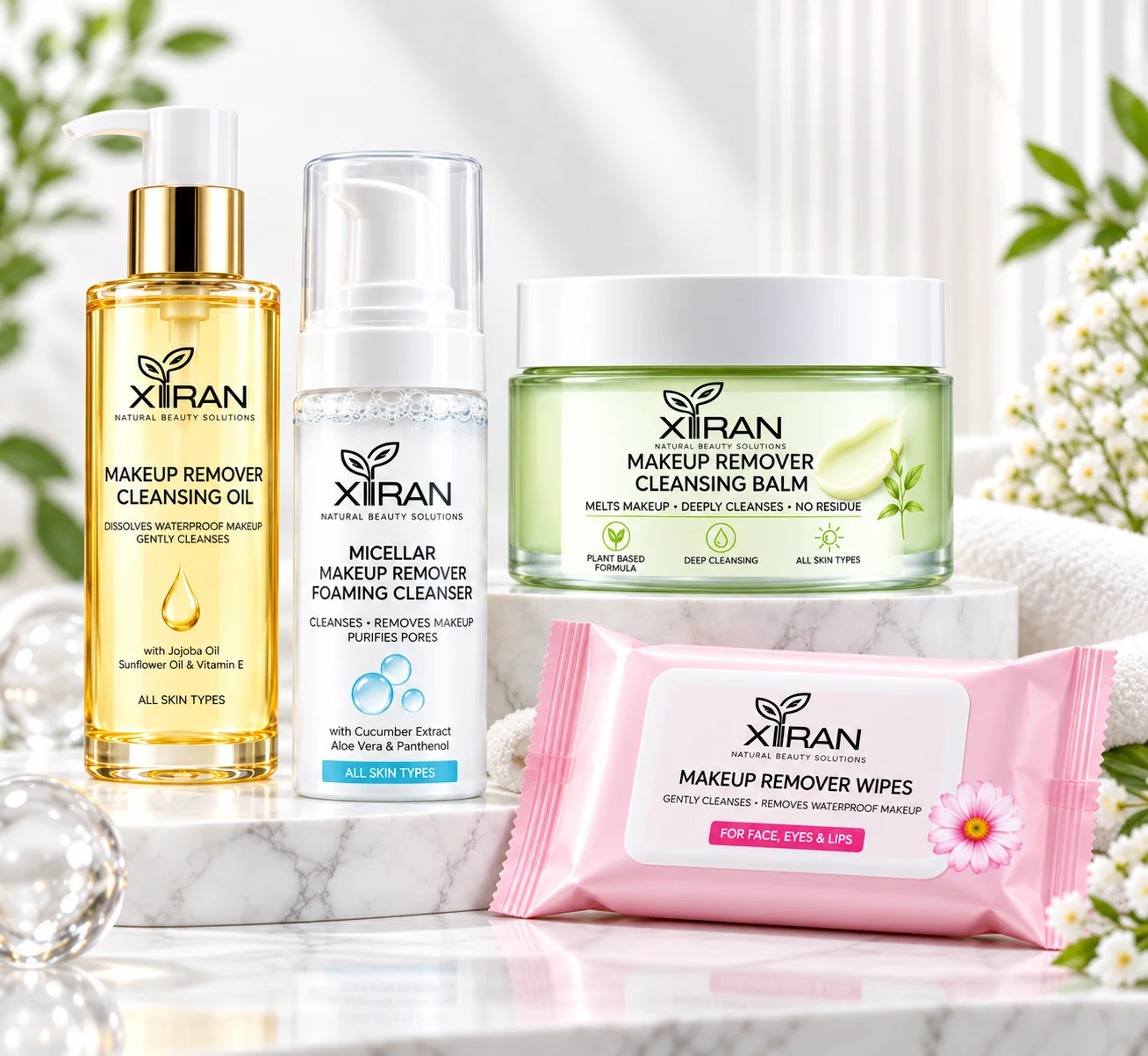 XIRAN skincare products including cleansing oil, foaming cleanser, cleansing balm, and makeup remover wipes displayed on a white surface with flowers in the background.